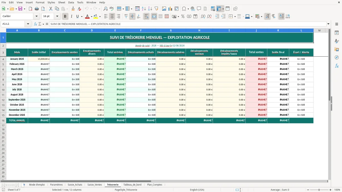 Capture d'écran 5 : Feuille Trésorerie - Modèle Excel comptabilité exploitation agricole excel