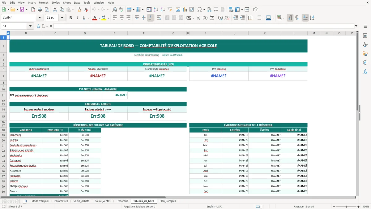 Capture d'écran 6 : Feuille Tableau_de_bord - Modèle Excel comptabilité exploitation agricole excel