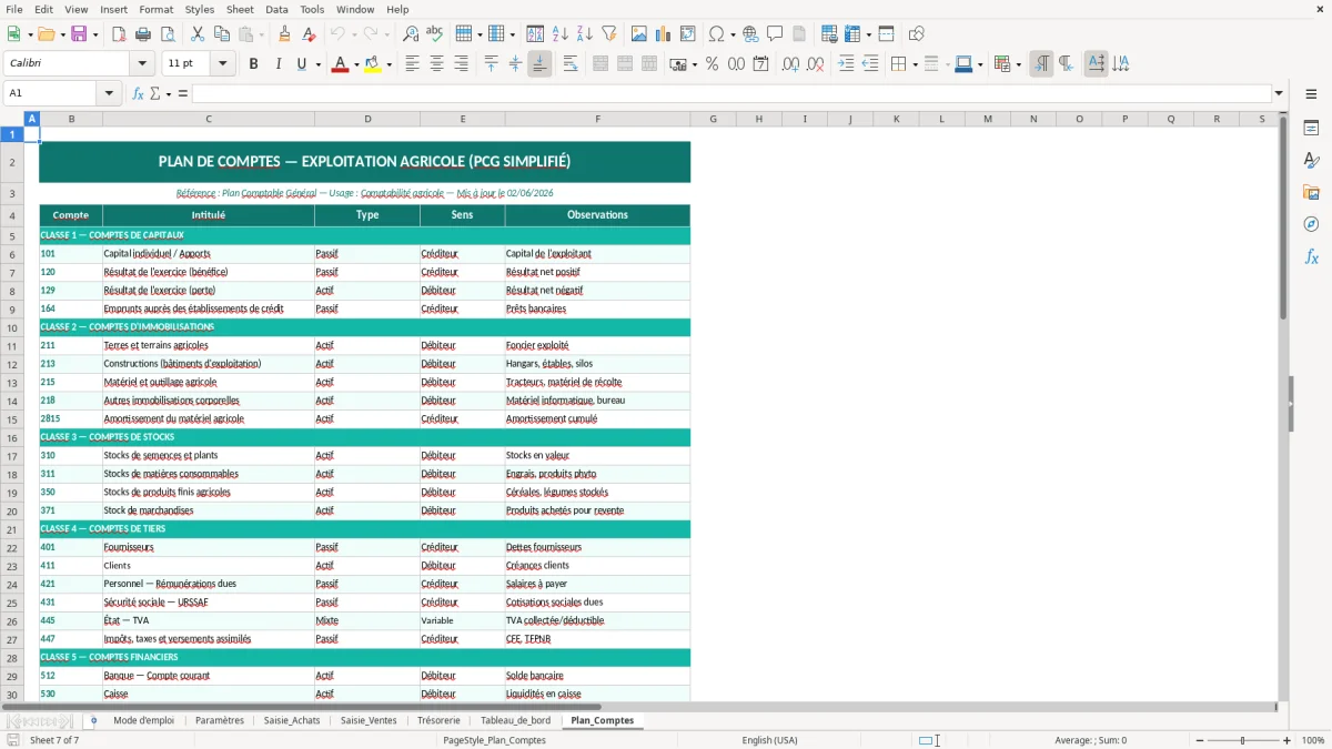 Capture d'écran 7 : Feuille Plan_Comptes - Modèle Excel comptabilité exploitation agricole excel