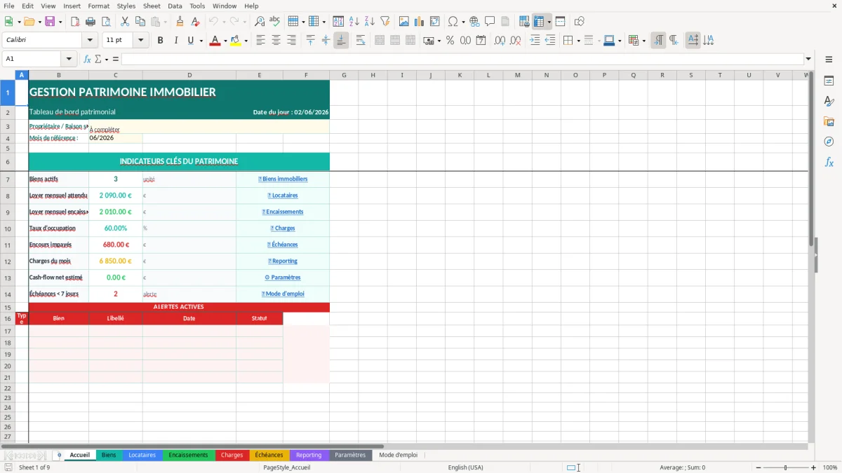 Capture d'écran 1 : Feuille Accueil - Modèle Excel gestion patrimoine immobilier excel
