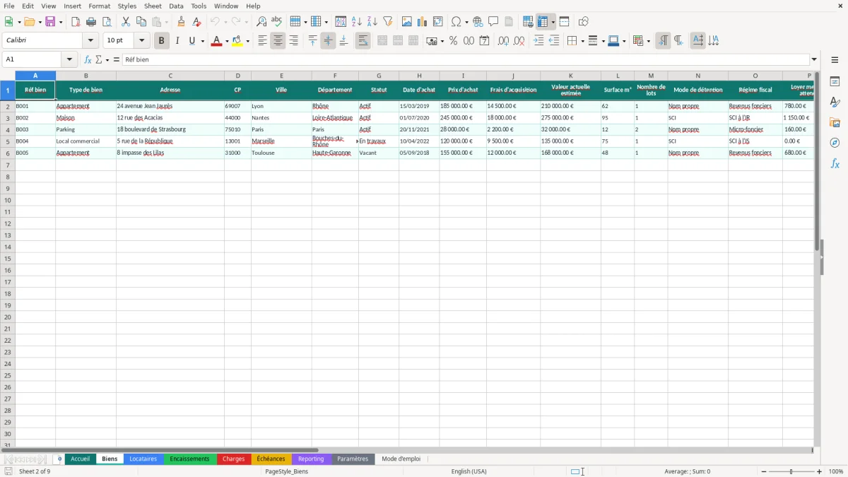 Capture d'écran 2 : Feuille Biens - Modèle Excel gestion patrimoine immobilier excel