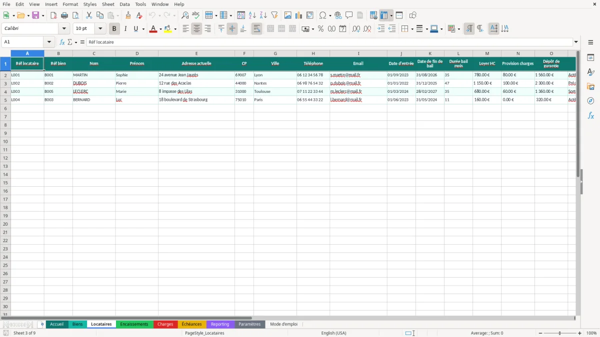 Capture d'écran 3 : Feuille Locataires - Modèle Excel gestion patrimoine immobilier excel
