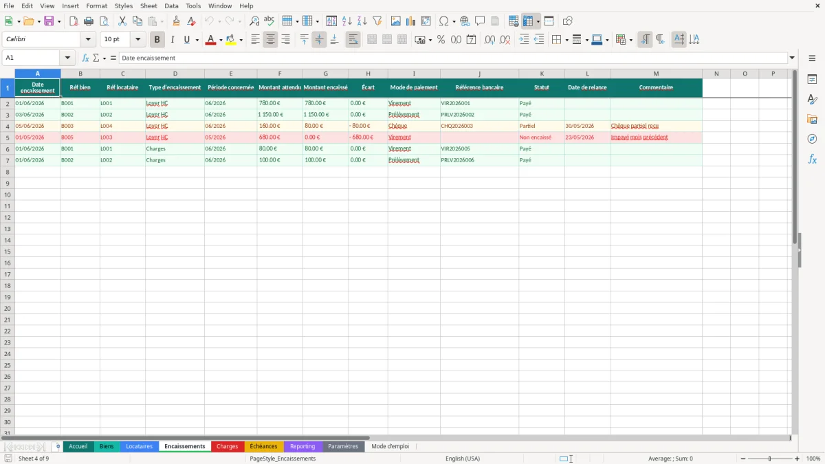 Capture d'écran 4 : Feuille Encaissements - Modèle Excel gestion patrimoine immobilier excel