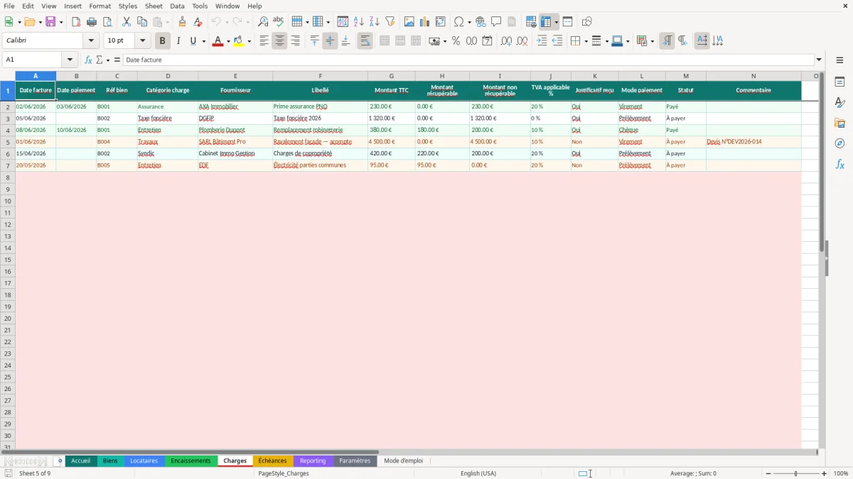 Capture d'écran 5 : Feuille Charges - Modèle Excel gestion patrimoine immobilier excel