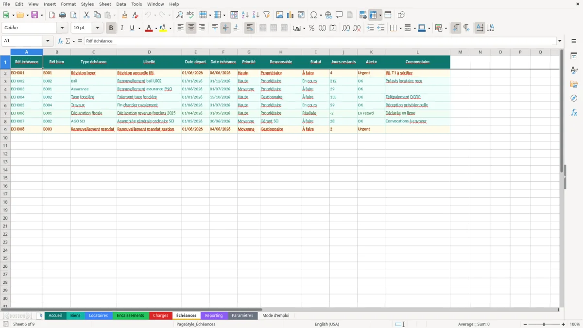 Capture d'écran 6 : Feuille Échéances - Modèle Excel gestion patrimoine immobilier excel