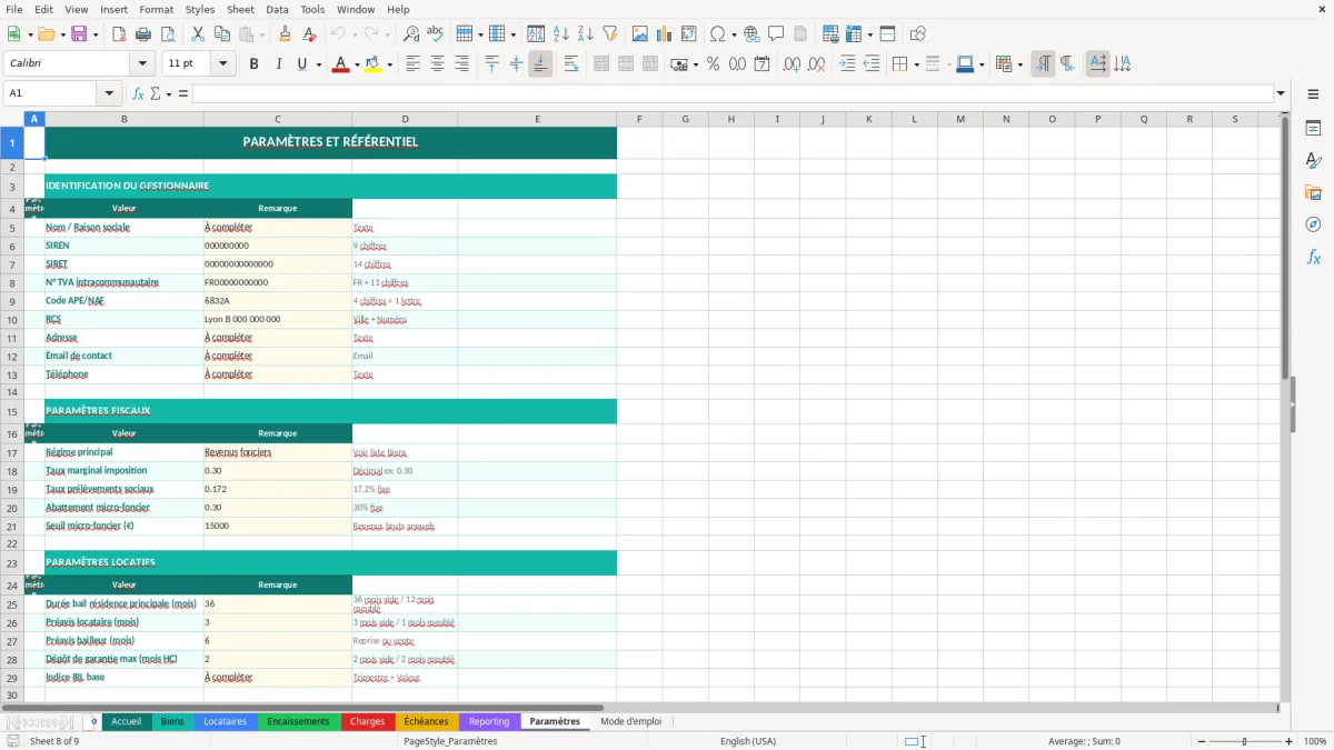 Capture d'écran 8 : Feuille Paramètres - Modèle Excel gestion patrimoine immobilier excel