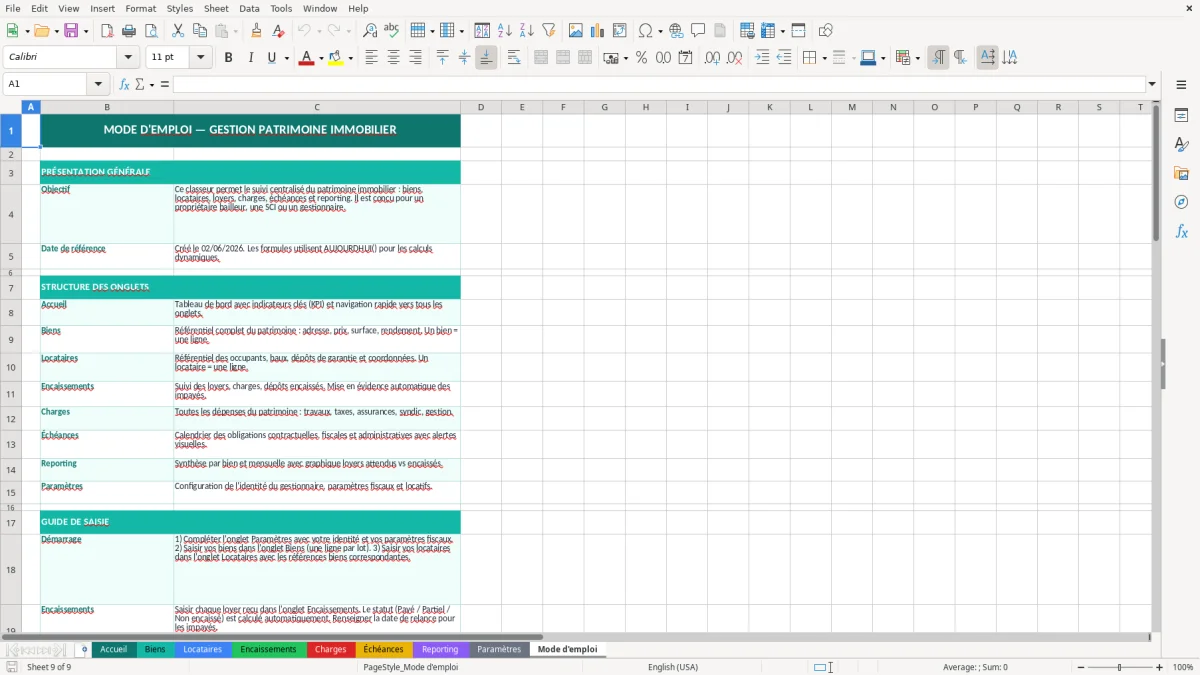 Capture d'écran 9 : Feuille Mode d'emploi - Modèle Excel gestion patrimoine immobilier excel