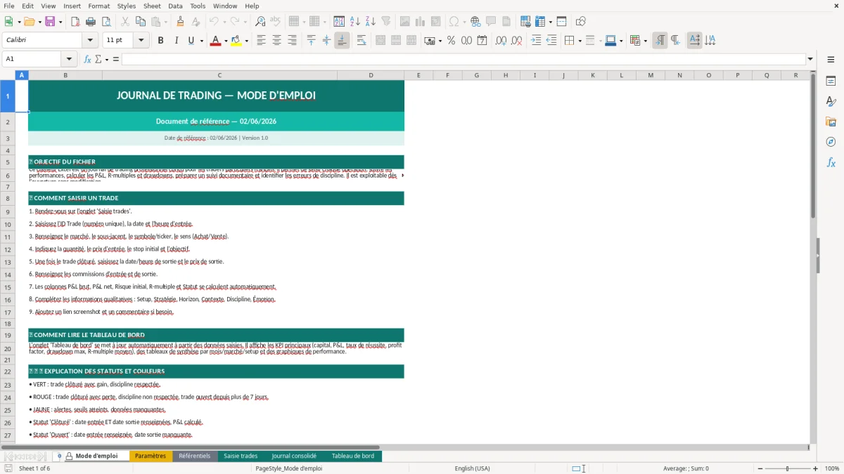 Capture d'écran 1 : Feuille Mode d'emploi - Modèle Excel journal de trading excel
