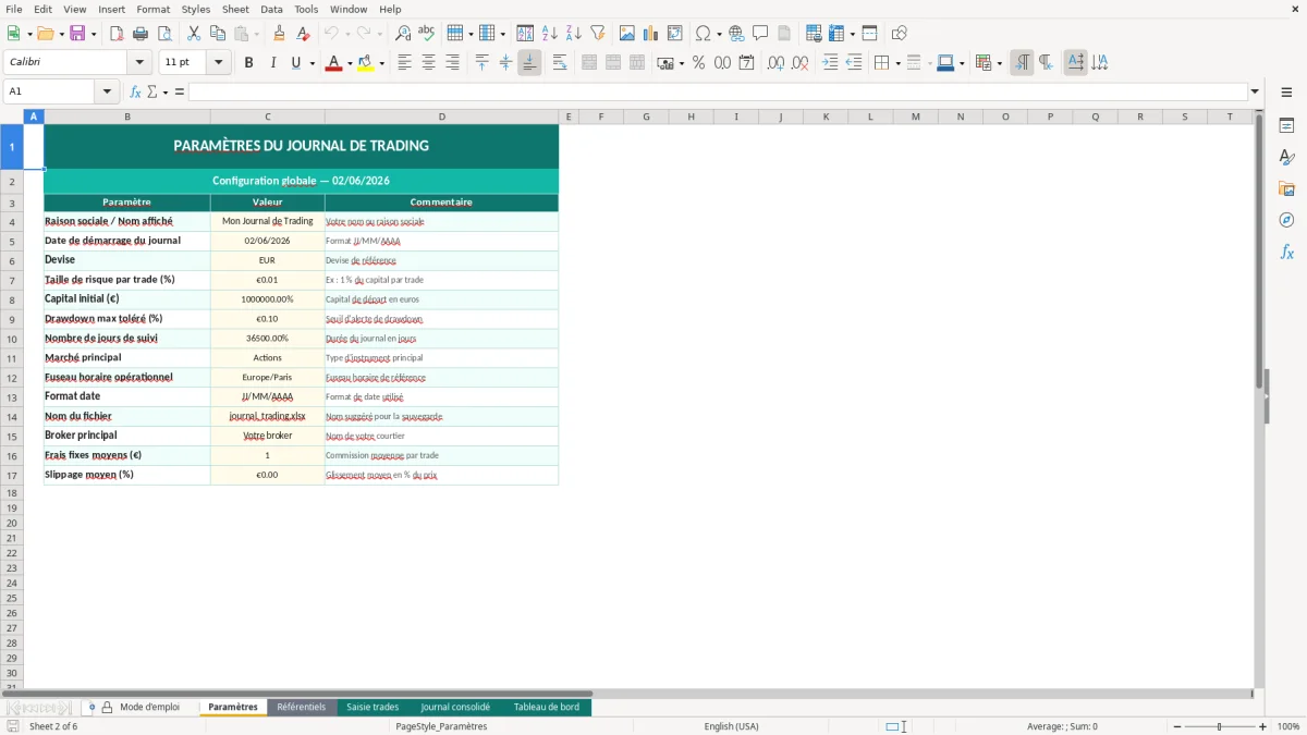 Capture d'écran 2 : Feuille Paramètres - Modèle Excel journal de trading excel