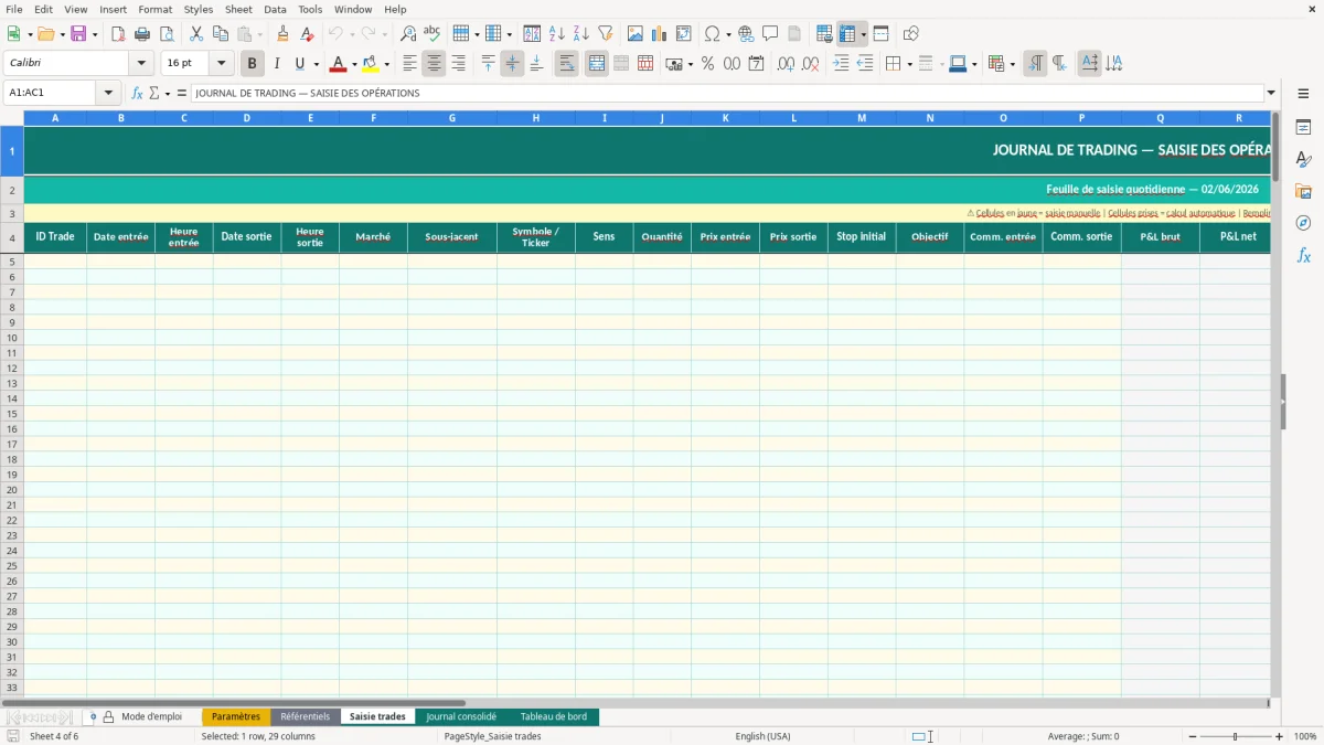 Capture d'écran 4 : Feuille Saisie trades - Modèle Excel journal de trading excel