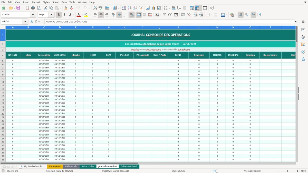 Capture d'écran 5 : Feuille Journal consolidé - Modèle Excel journal de trading excel