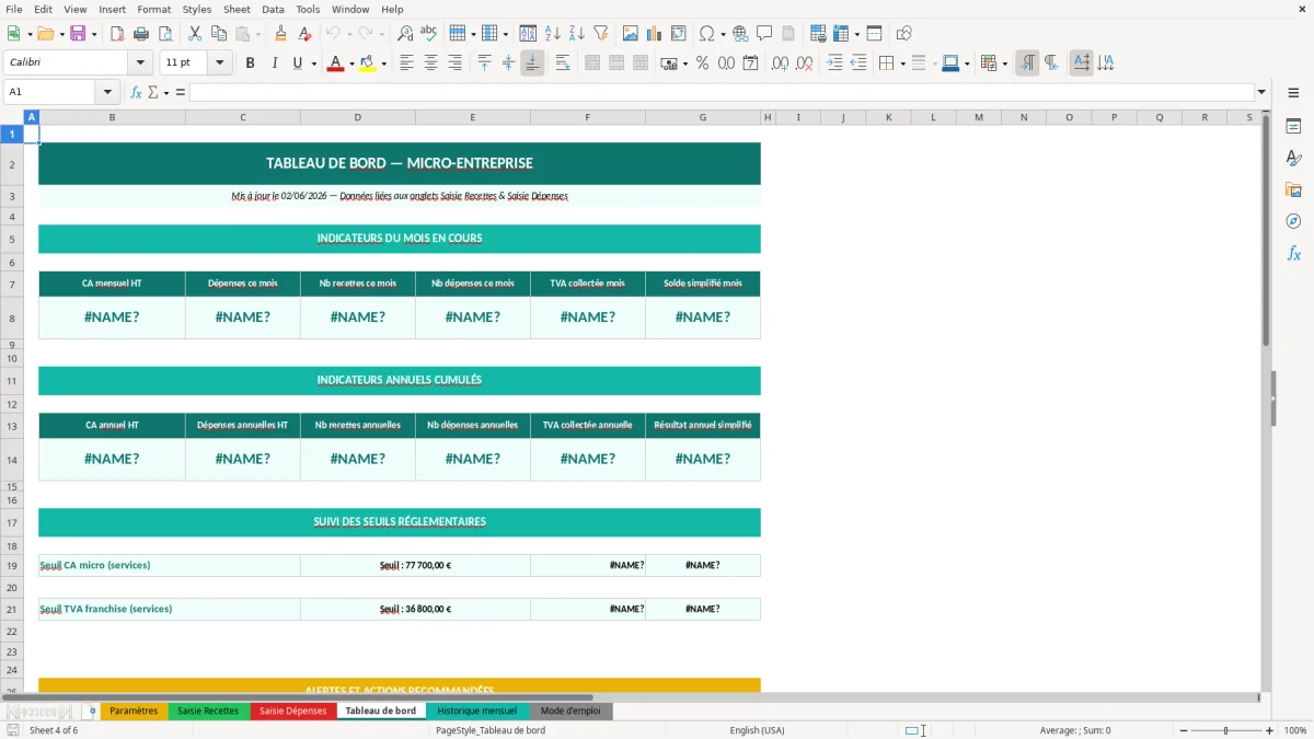 Capture d'écran 1 : Feuille Paramètres - Modèle Excel livre recettes dépenses micro-entreprise excel