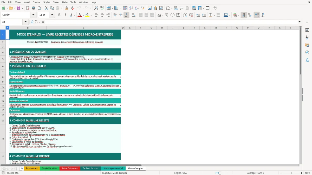 Capture d'écran 3 : Feuille Saisie Dépenses - Modèle Excel livre recettes dépenses micro-entreprise excel