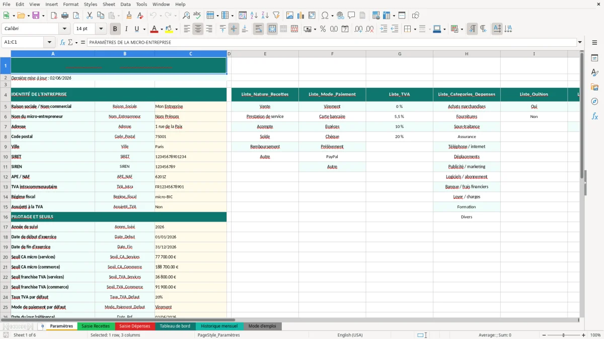 Capture d'écran 4 : Feuille Tableau de bord - Modèle Excel livre recettes dépenses micro-entreprise excel