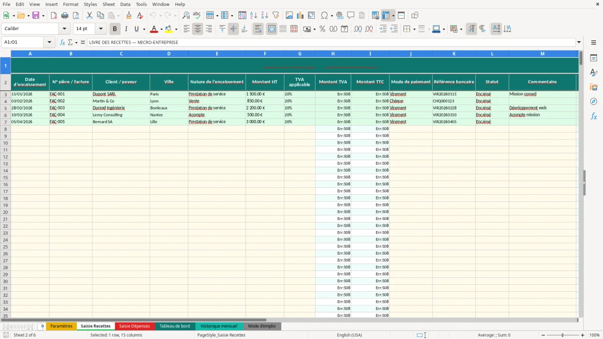 Capture d'écran 5 : Feuille Historique mensuel - Modèle Excel livre recettes dépenses micro-entreprise excel
