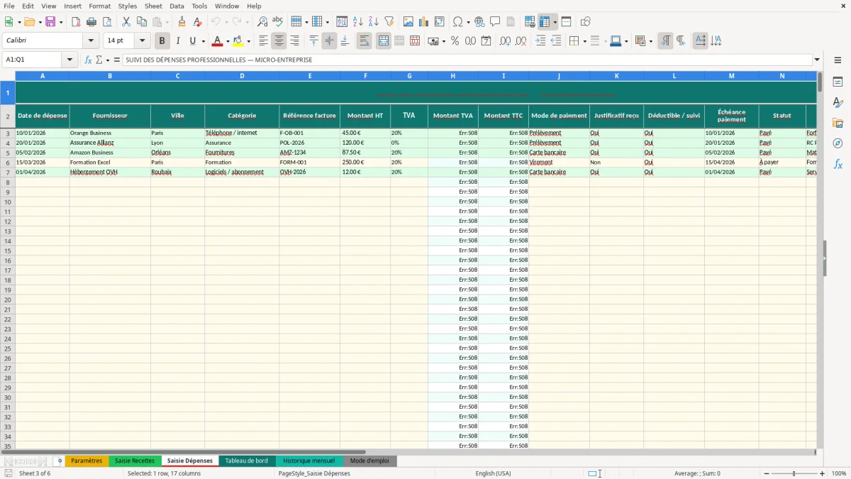 Capture d'écran 6 : Feuille Mode d'emploi - Modèle Excel livre recettes dépenses micro-entreprise excel