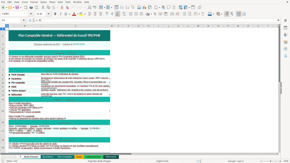 Capture d'écran 1 : Feuille Mode d'emploi - Modèle Excel plan comptable général excel