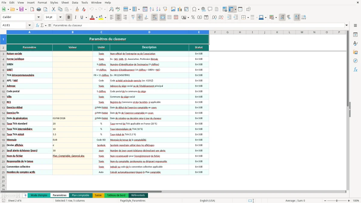 Capture d'écran 2 : Feuille Paramètres - Modèle Excel plan comptable général excel