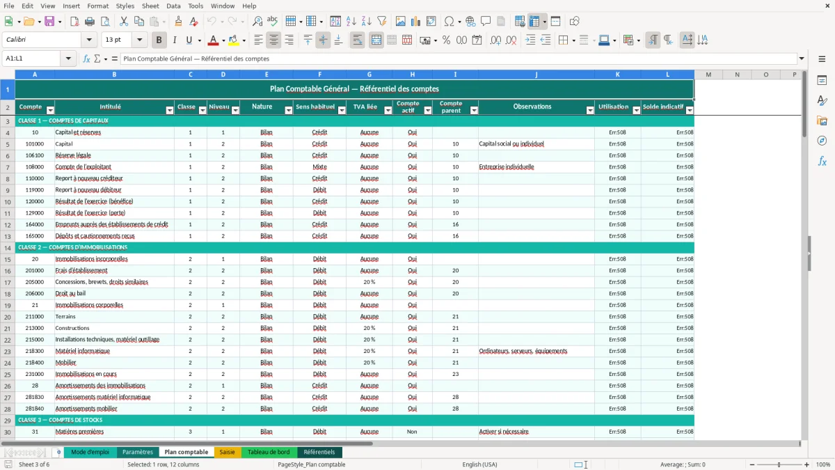 Capture d'écran 3 : Feuille Plan comptable - Modèle Excel plan comptable général excel