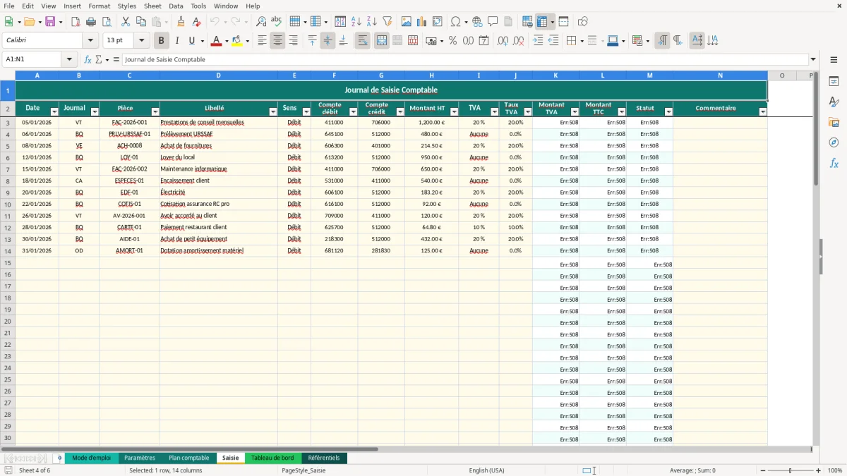 Capture d'écran 4 : Feuille Saisie - Modèle Excel plan comptable général excel