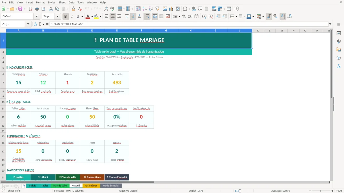 Capture d'écran 1 : Feuille Invités - Modèle Excel plan de table mariage excel