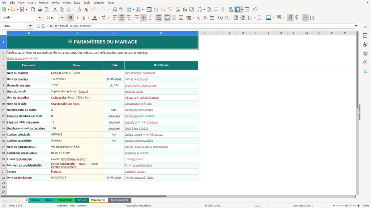 Capture d'écran 2 : Feuille Tables - Modèle Excel plan de table mariage excel