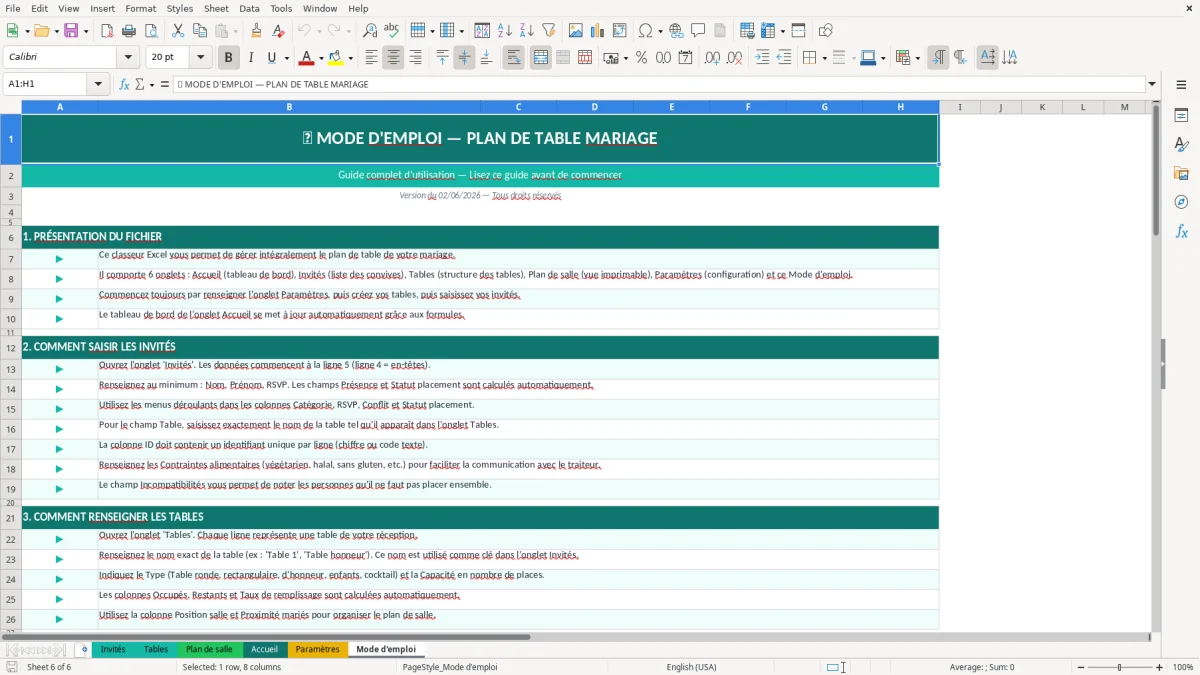 Capture d'écran 3 : Feuille Plan de salle - Modèle Excel plan de table mariage excel