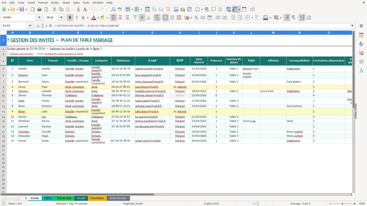 Capture d'écran 4 : Feuille Accueil - Modèle Excel plan de table mariage excel