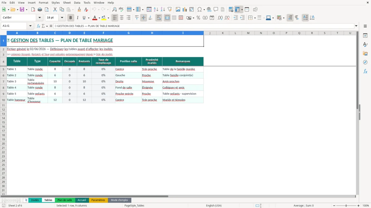 Capture d'écran 5 : Feuille Paramètres - Modèle Excel plan de table mariage excel