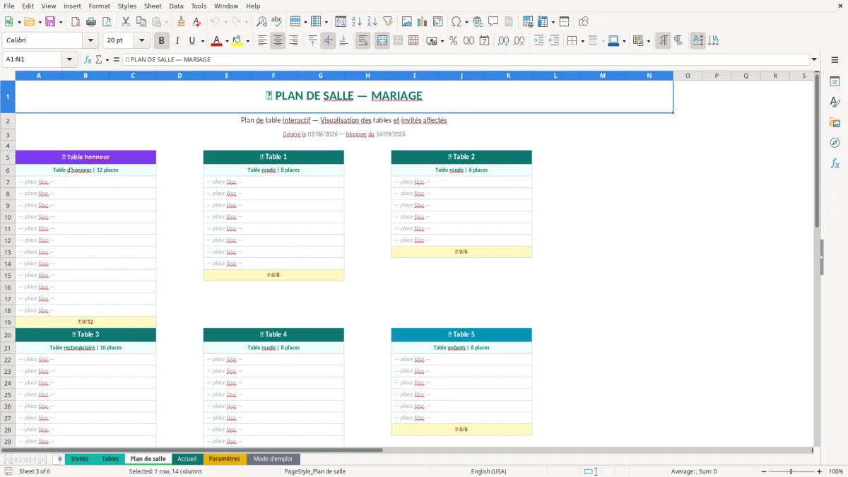 Capture d'écran 6 : Feuille Mode d'emploi - Modèle Excel plan de table mariage excel
