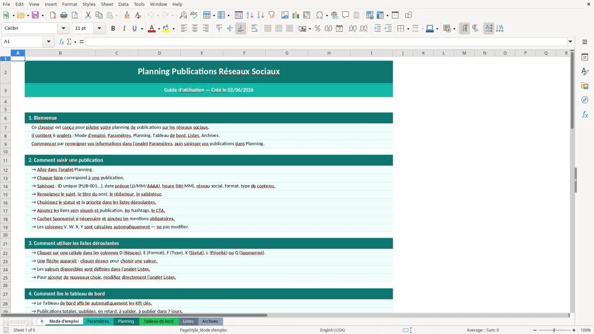 Capture d'écran 1 : Feuille Mode d'emploi - Modèle Excel planning publications réseaux sociaux excel