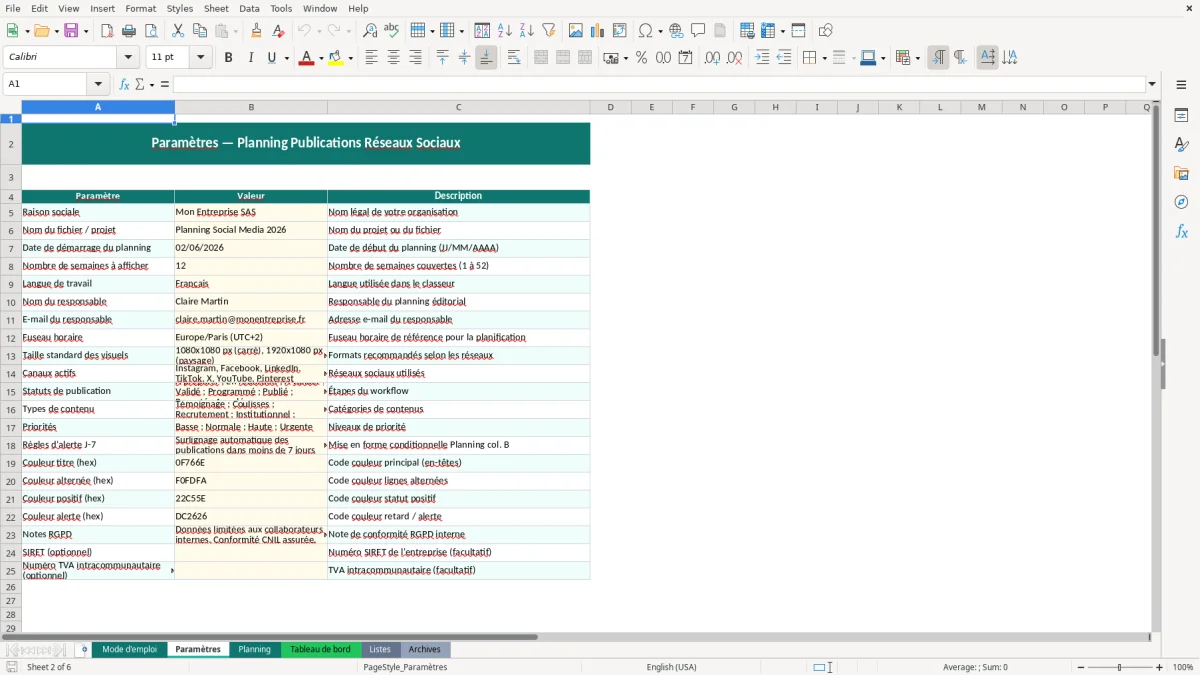 Capture d'écran 2 : Feuille Paramètres - Modèle Excel planning publications réseaux sociaux excel