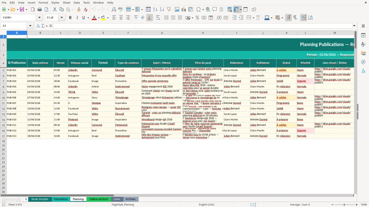 Capture d'écran 3 : Feuille Planning - Modèle Excel planning publications réseaux sociaux excel