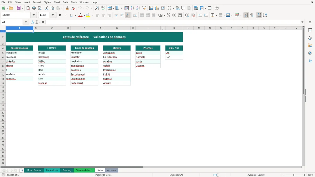 Capture d'écran 5 : Feuille Listes - Modèle Excel planning publications réseaux sociaux excel