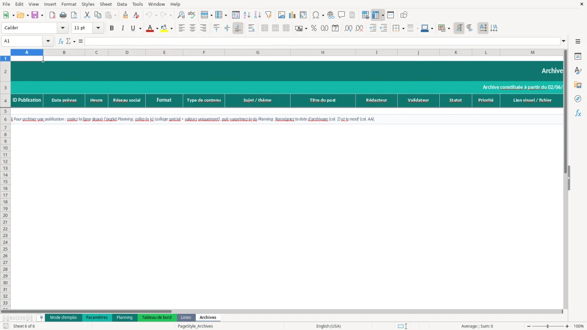 Capture d'écran 6 : Feuille Archives - Modèle Excel planning publications réseaux sociaux excel