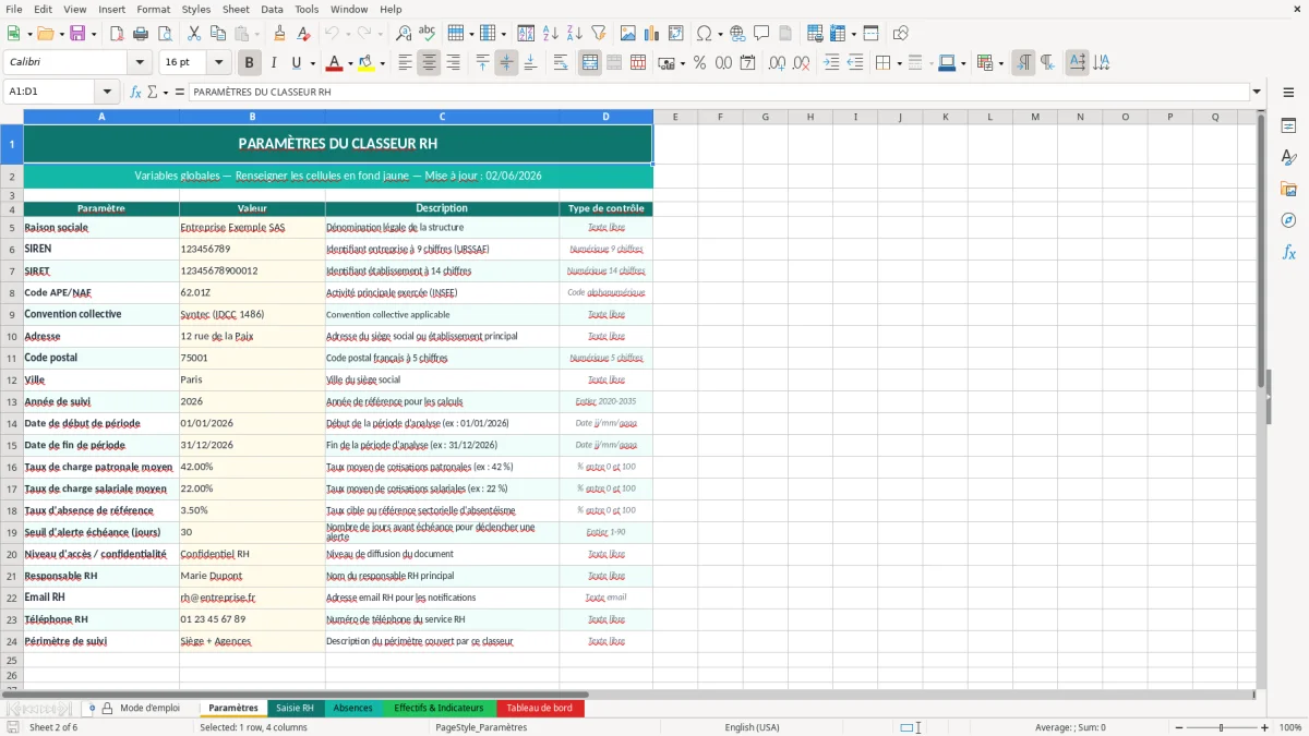Capture d'écran 2 : Feuille Paramètres - Modèle Excel tableau bord RH excel