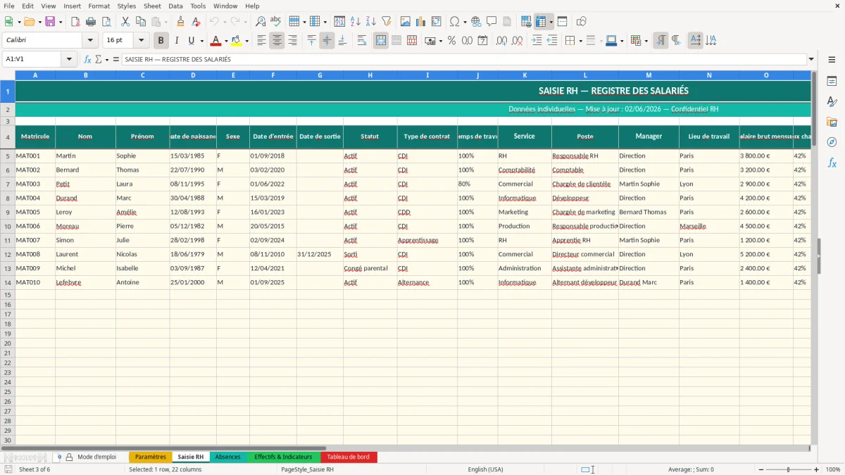 Capture d'écran 3 : Feuille Saisie RH - Modèle Excel tableau bord RH excel
