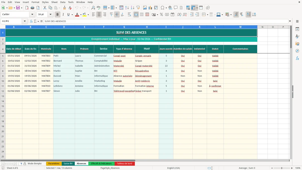 Capture d'écran 4 : Feuille Absences - Modèle Excel tableau bord RH excel