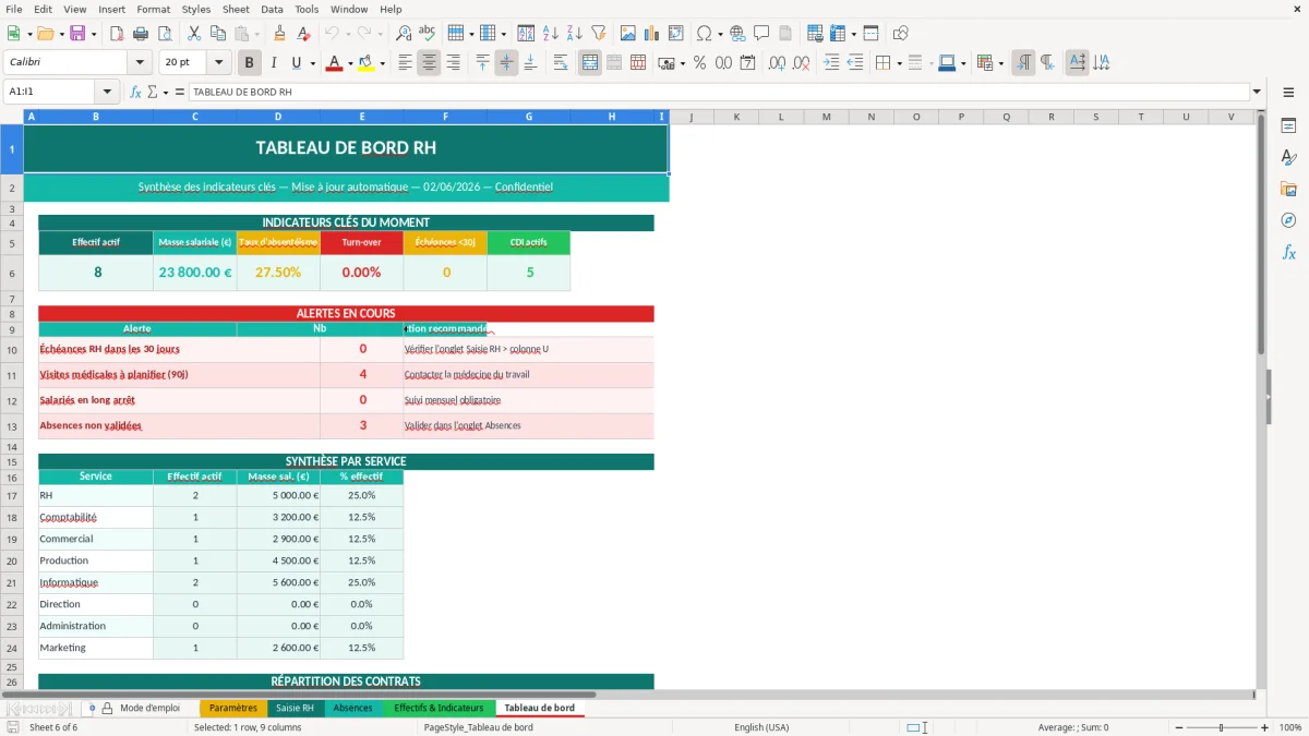 Capture d'écran 6 : Feuille Tableau de bord - Modèle Excel tableau bord RH excel