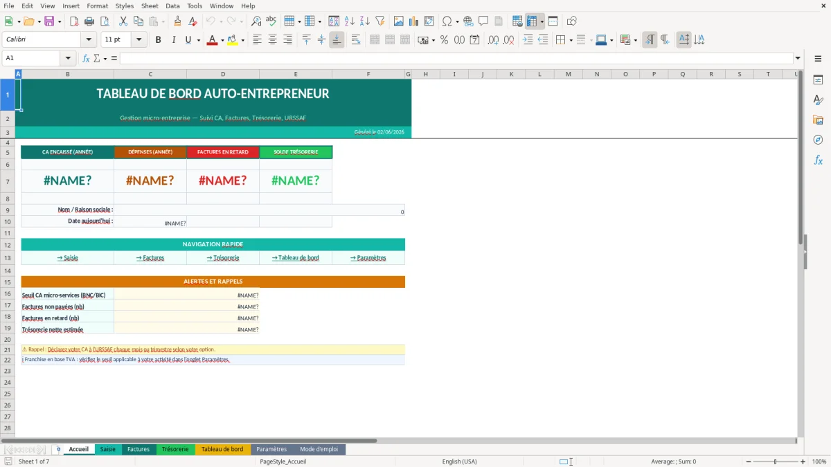 Capture d'écran 1 : Feuille Accueil - Modèle Excel tableau bord auto-entrepreneur excel