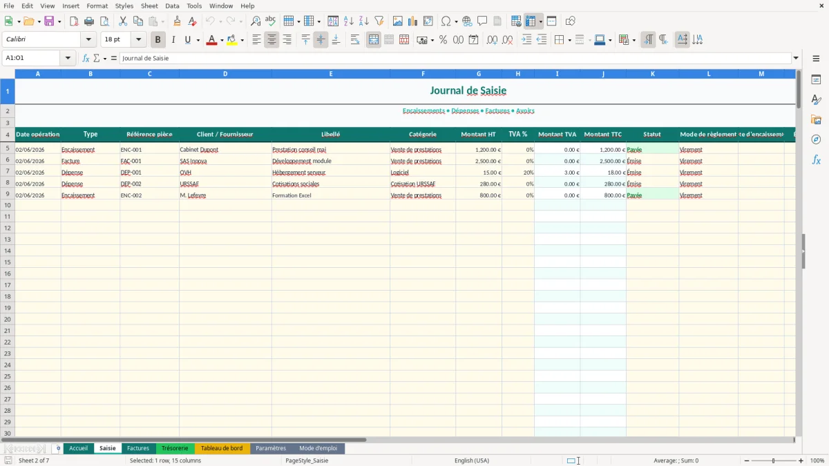 Capture d'écran 2 : Feuille Saisie - Modèle Excel tableau bord auto-entrepreneur excel