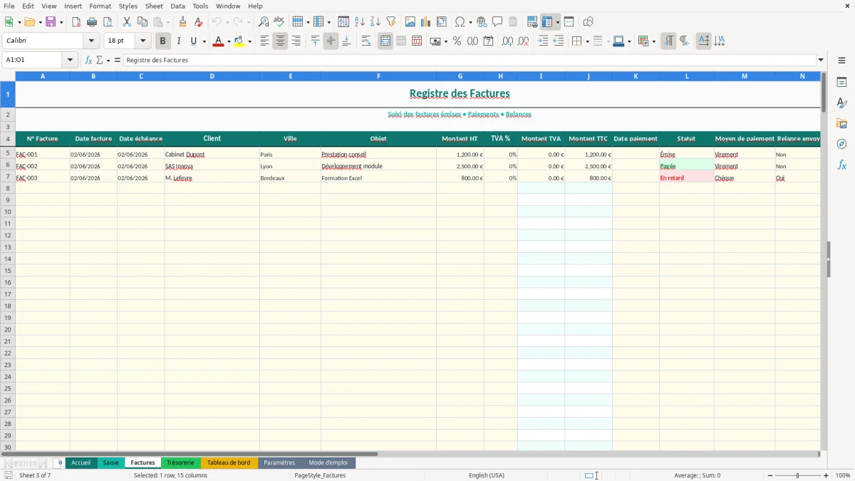 Capture d'écran 3 : Feuille Factures - Modèle Excel tableau bord auto-entrepreneur excel