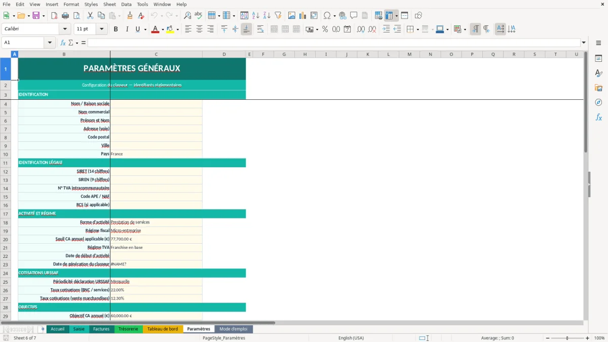 Capture d'écran 6 : Feuille Paramètres - Modèle Excel tableau bord auto-entrepreneur excel