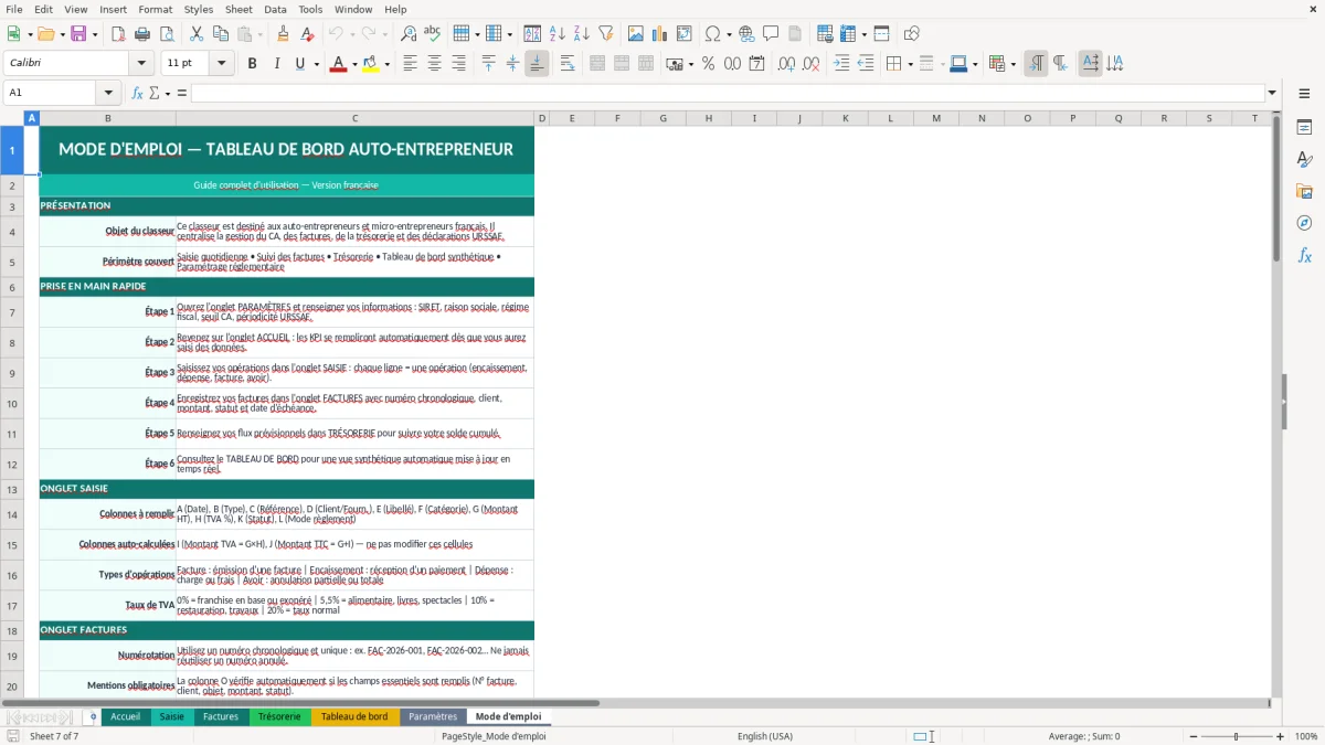 Capture d'écran 7 : Feuille Mode d'emploi - Modèle Excel tableau bord auto-entrepreneur excel