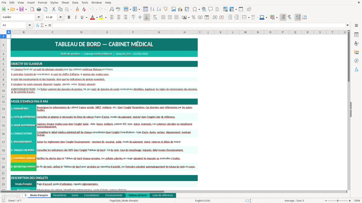 Capture d'écran 1 : Feuille Mode d'emploi - Modèle Excel tableau bord cabinet médical excel