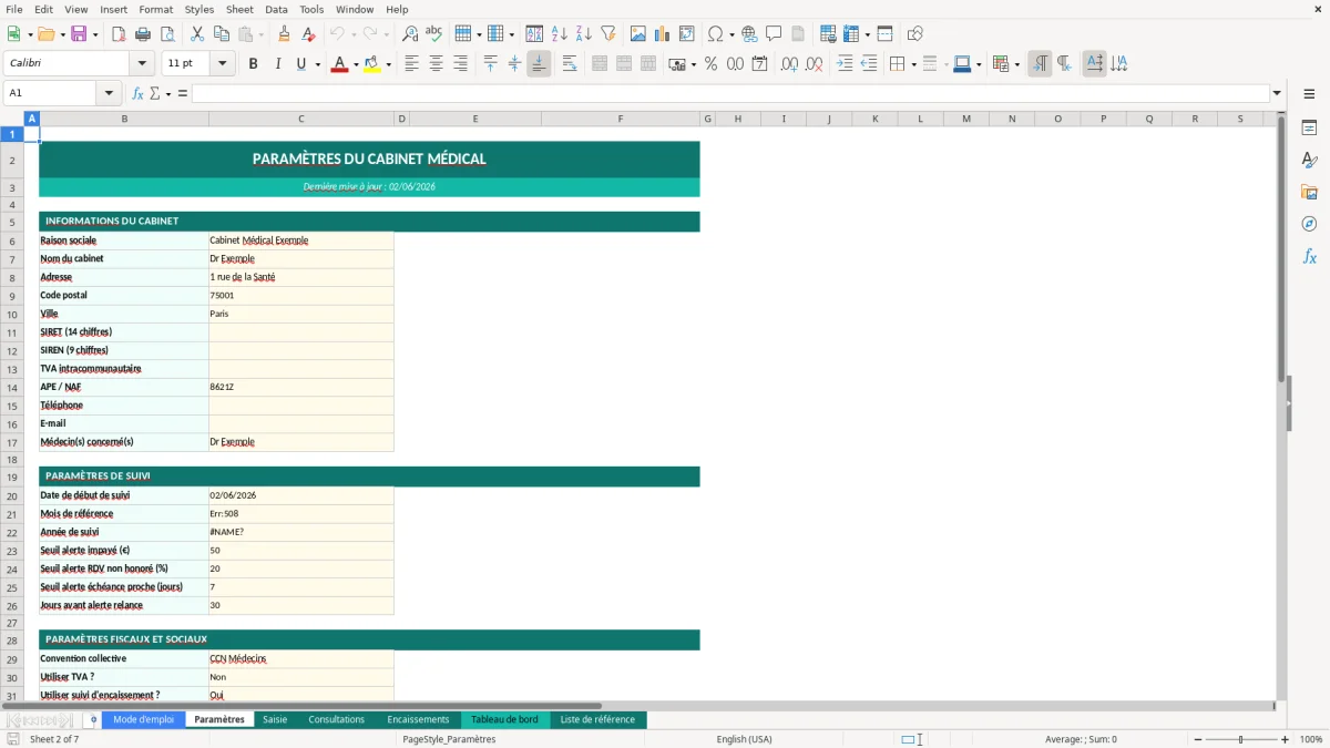 Capture d'écran 2 : Feuille Paramètres - Modèle Excel tableau bord cabinet médical excel