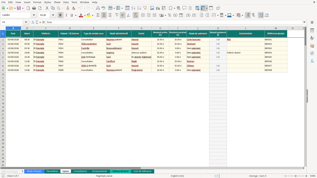 Capture d'écran 3 : Feuille Saisie - Modèle Excel tableau bord cabinet médical excel