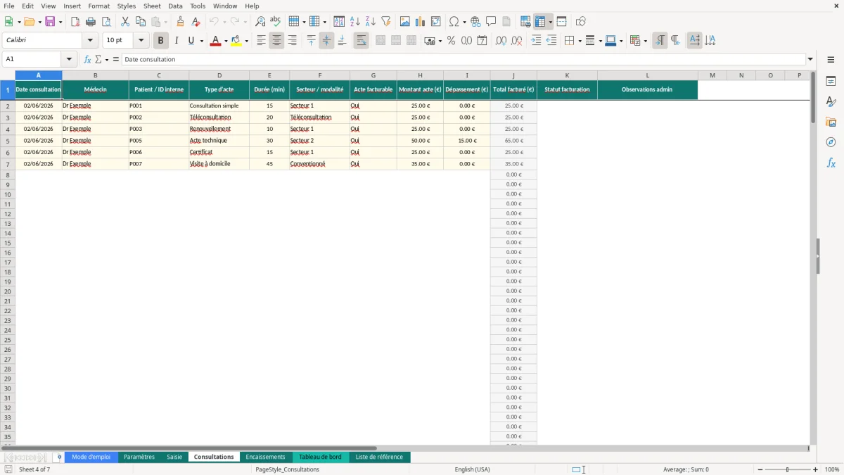 Capture d'écran 4 : Feuille Consultations - Modèle Excel tableau bord cabinet médical excel