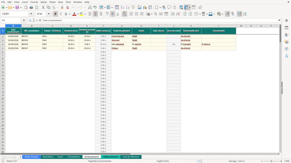 Capture d'écran 5 : Feuille Encaissements - Modèle Excel tableau bord cabinet médical excel