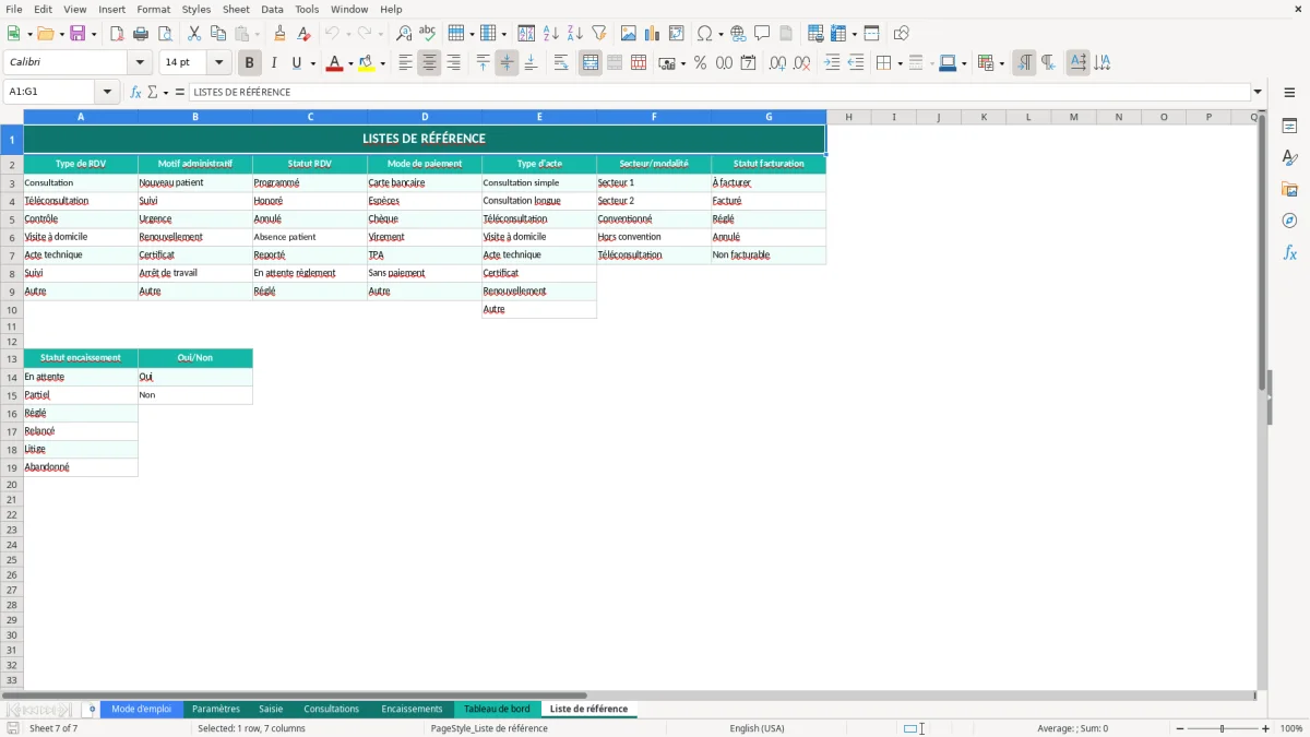 Capture d'écran 7 : Feuille Liste de référence - Modèle Excel tableau bord cabinet médical excel